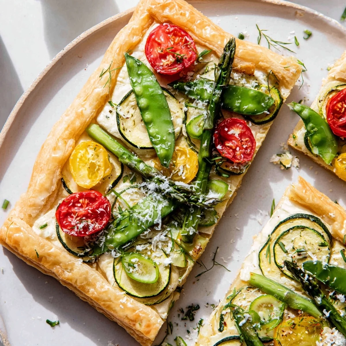 Overhead view of a slice of Spring Vegetable Tart with Puff Pastry, revealing creamy cheese and tender vegetables on a buttery, crisp crust.