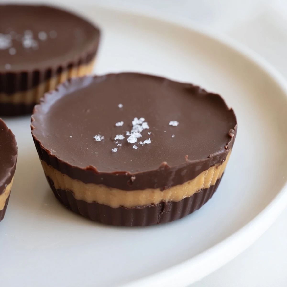 Twelve homemade chocolate peanut butter cups with smooth, shiny chocolate coating and a creamy, rich peanut butter filling on a rustic wooden board.