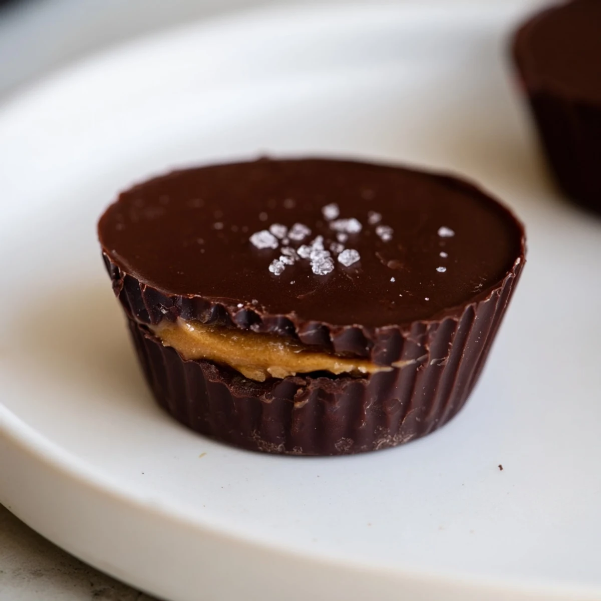 In this close-up view, a chocolate peanut butter cup reveals its layered texture with a firm chocolate shell and soft peanut butter center.