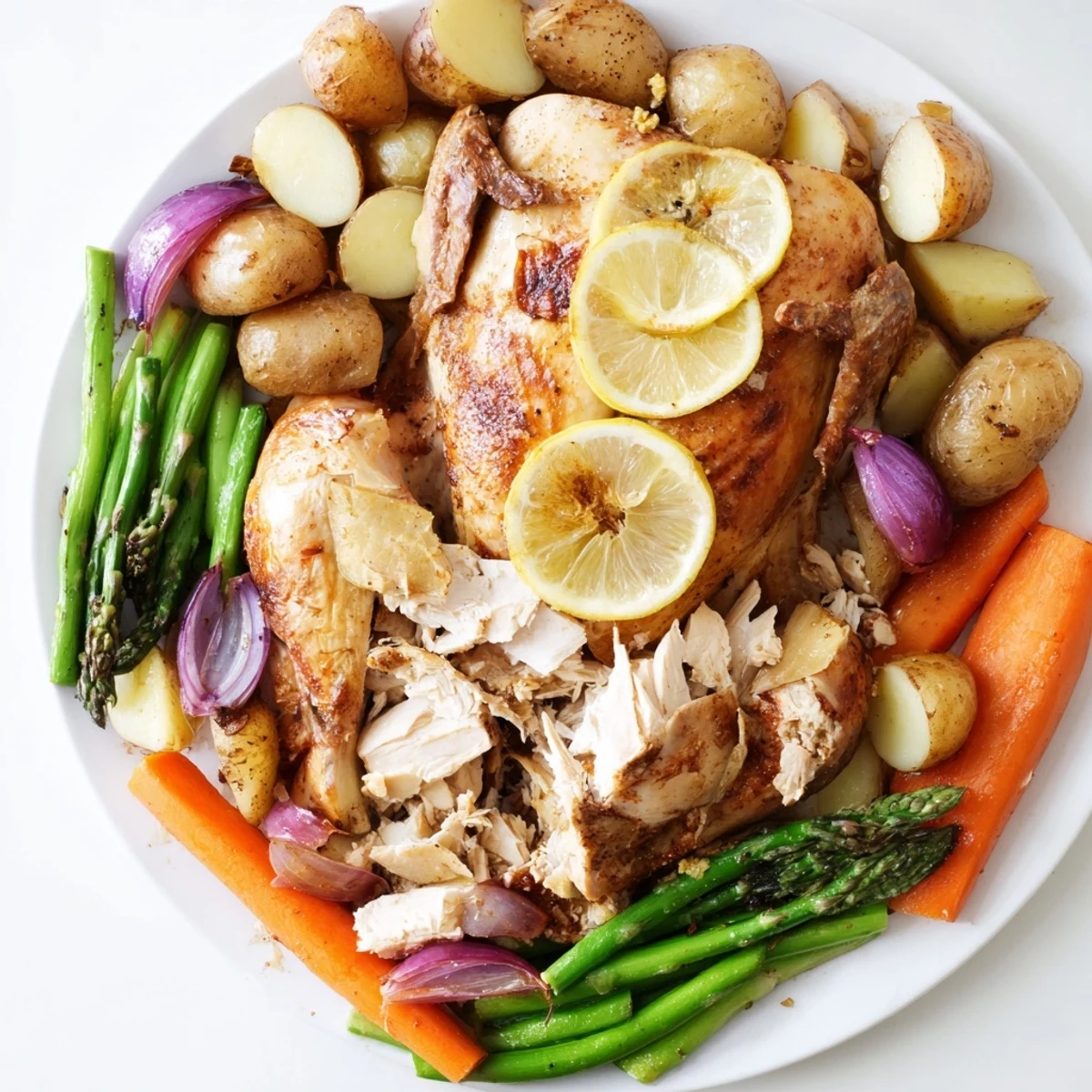 Golden-brown roasted chicken with spring vegetables, including asparagus and baby potatoes, served on a rustic wooden table.