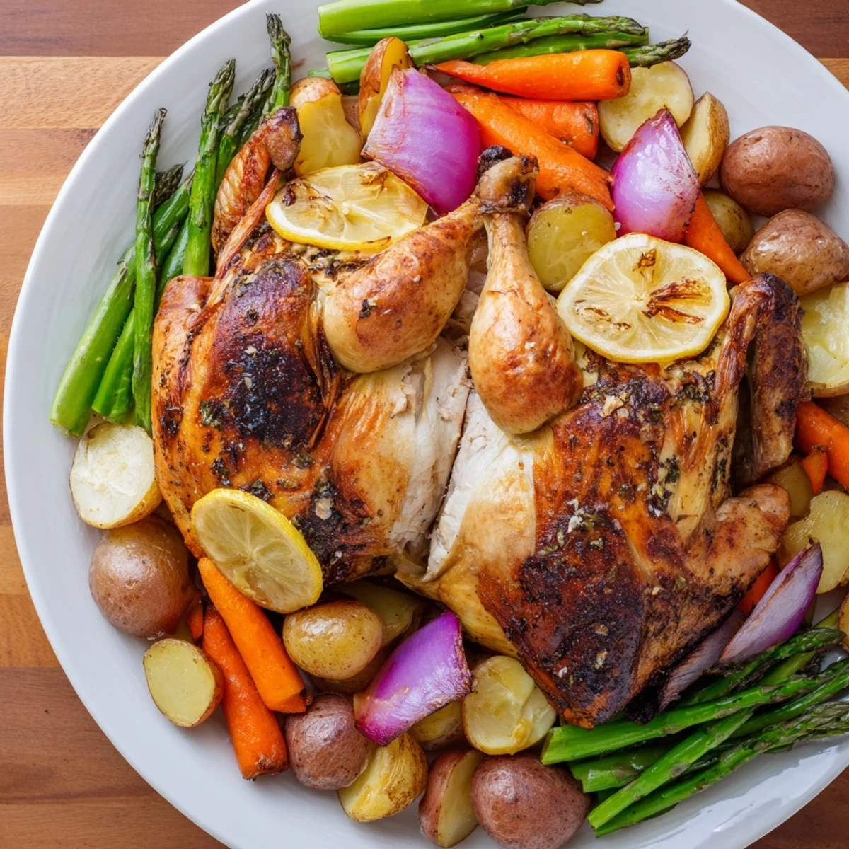 Tender roasted chicken surrounded by vibrant spring veggies like carrots and sugar snap peas in a sizzling pan.