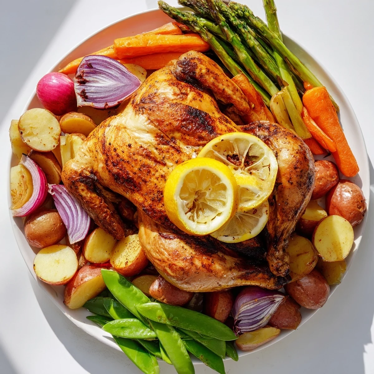Carved Roasted Chicken with Spring Veggies, featuring juicy meat and glazed asparagus, ready for a family dinner.