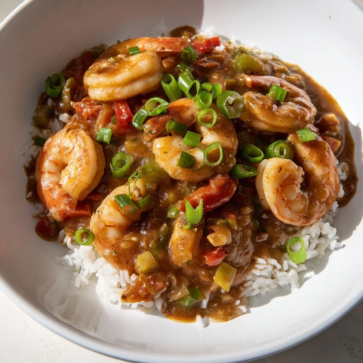Steaming Mardi Gras Shrimp Étouffée served over fluffy white rice with fresh parsley garnish.