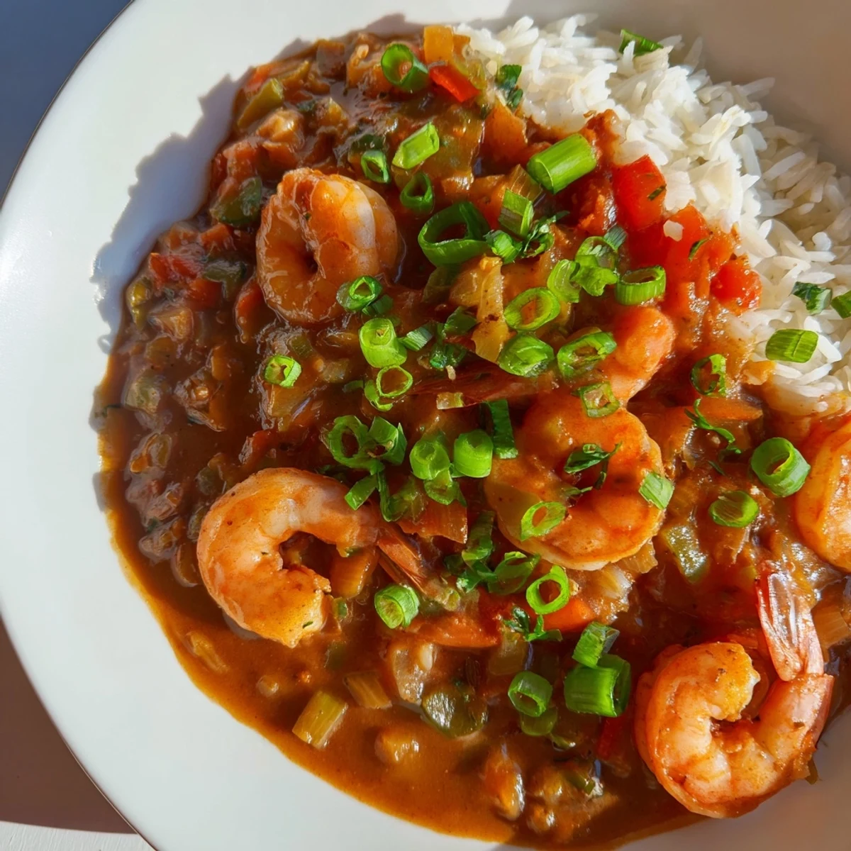 A close-up of rich Mardi Gras Shrimp Étouffée sauce ladled over warm rice.