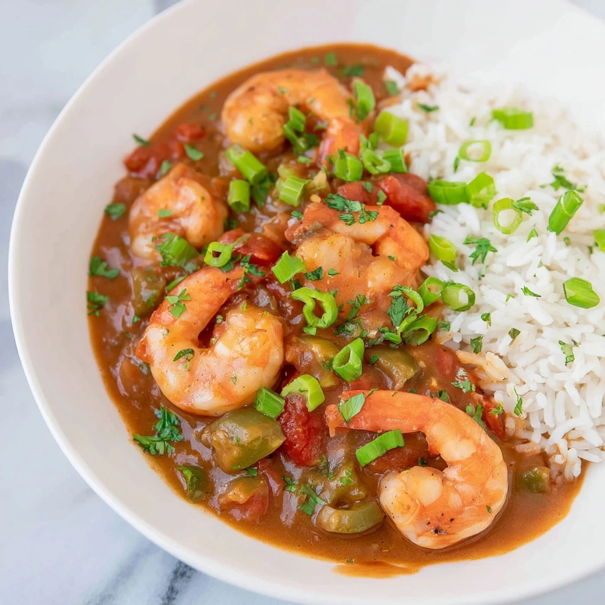 Tender shrimp and vegetables in Mardi Gras Shrimp Étouffée ready to serve with crusty bread.