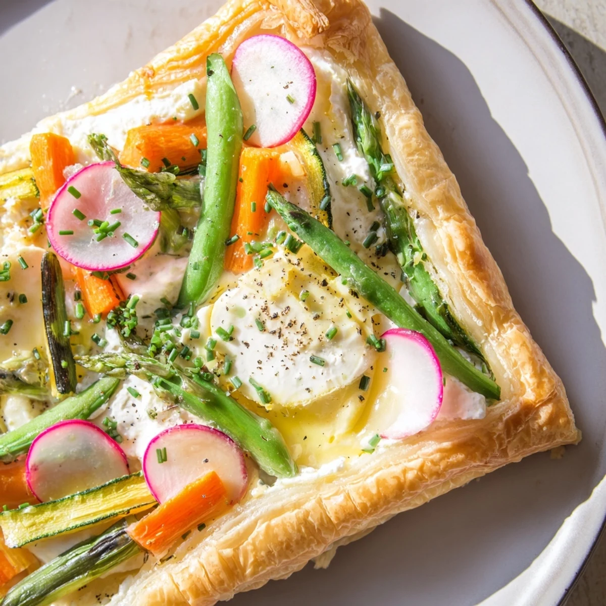 A vegetarian Spring Vegetable Tart with Puff Pastry is served on a wooden board with a glass of crisp white wine.