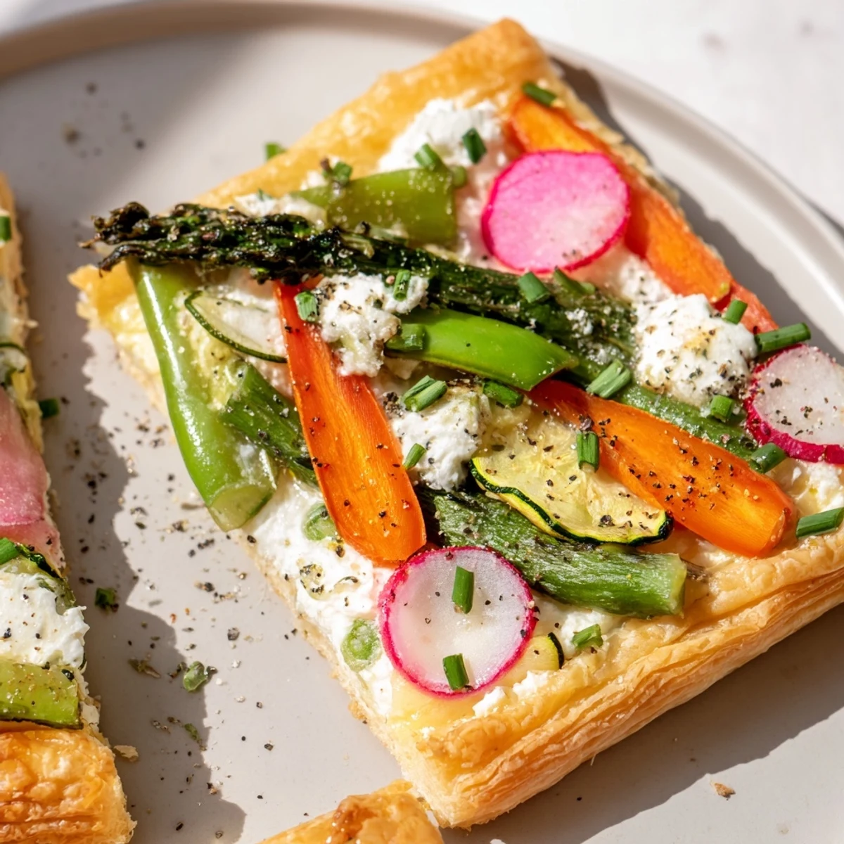 The Spring Vegetable Tart with Puff Pastry showcases golden, flaky crust topped with fresh asparagus, carrots, and creamy goat cheese.