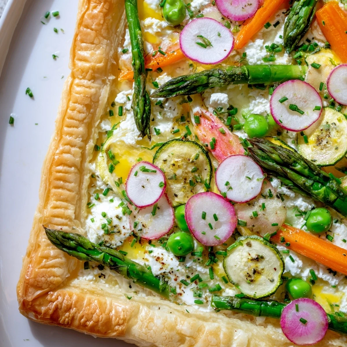 Sliced wedges of the Spring Vegetable Tart with Puff Pastry reveal vibrant, tender vegetables and a rich, herbed cheese filling.