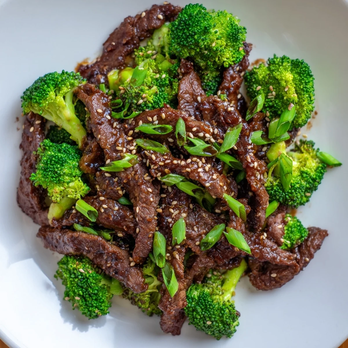 Steaming platter of homemade Beef and Broccoli with Soy Sauce Glaze featuring tender meat and crisp broccoli, garnished with sesame seeds and fresh green onions on a rustic wooden dinner table.