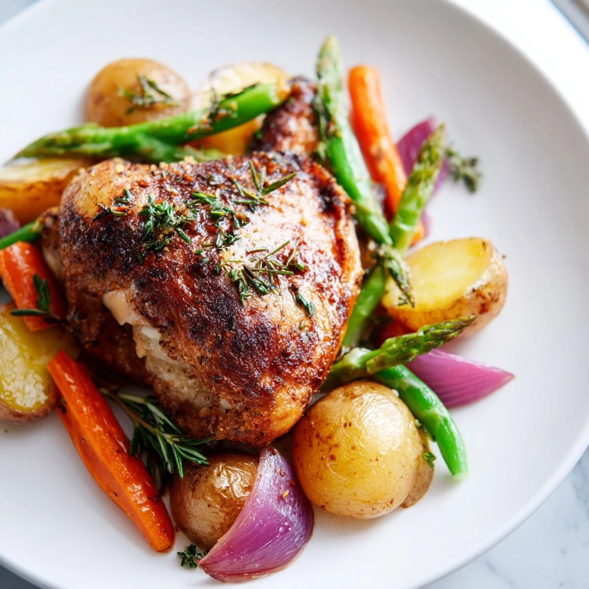 Golden roasted chicken with herbs sits beside tender baby potatoes, vibrant asparagus, and sweet carrots on a rustic serving platter.