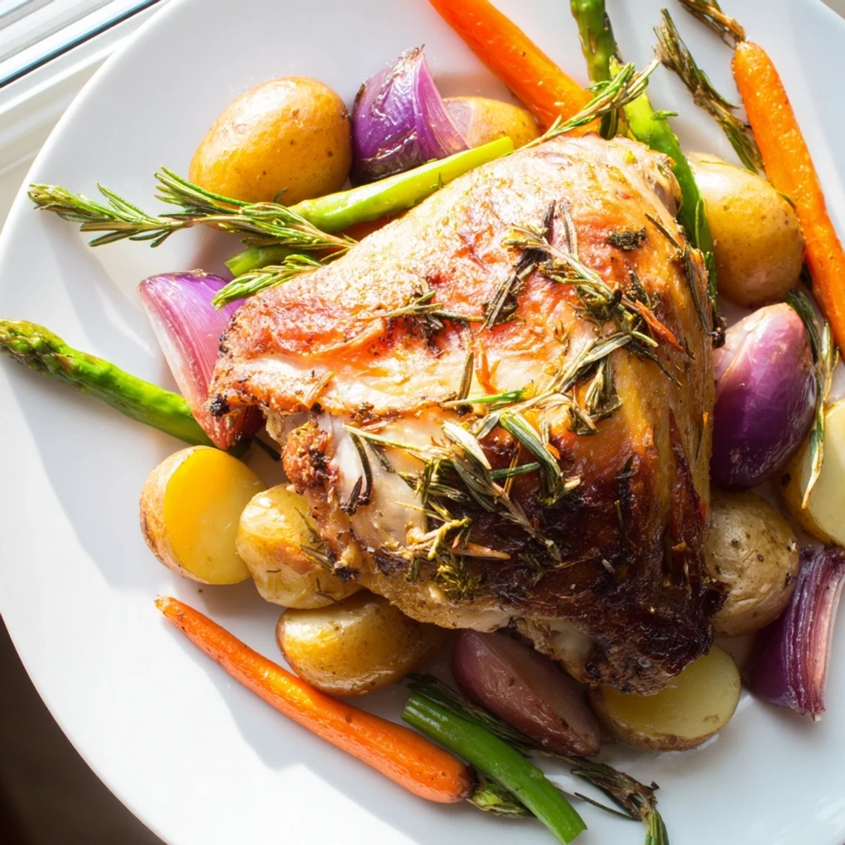 In a warm kitchen, succulent roasted chicken with spring vegetables steams gently, inviting you to serve it for dinner.