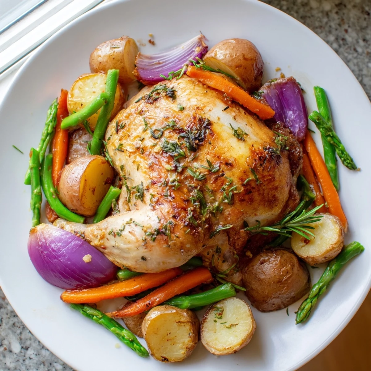 A close-up of the Roasted Chicken with Spring Veggies shows crispy skin, bright green peas, and a hint of lemon juice.