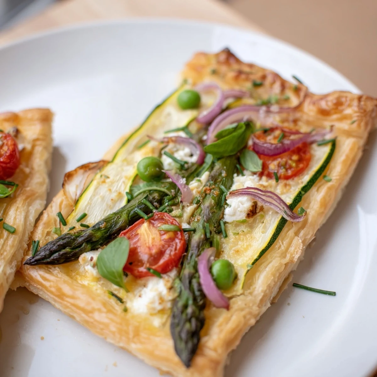 A golden Spring Vegetable Tart with Puff Pastry is baked with asparagus, zucchini, and cherry tomatoes on a baking sheet.