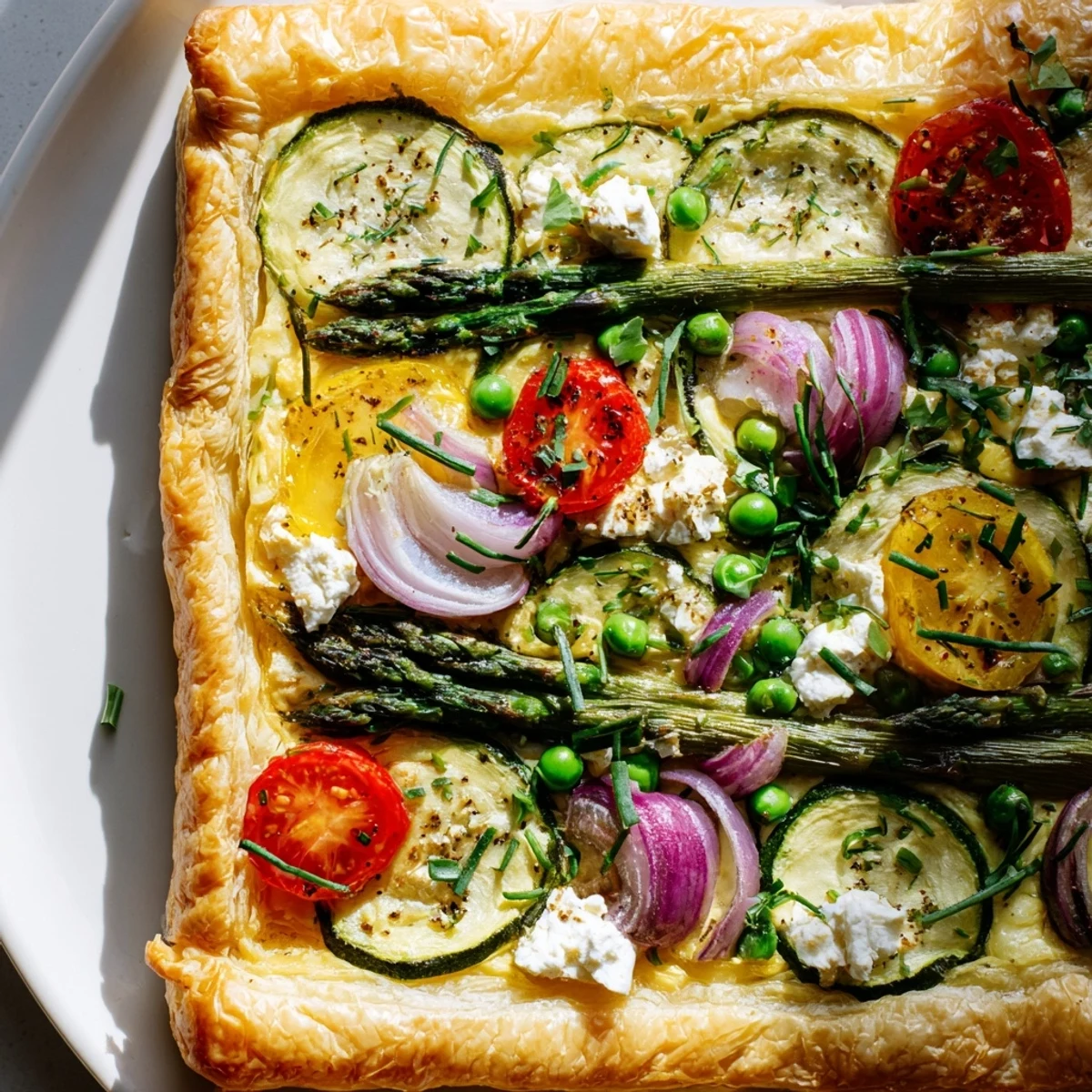 Spring Vegetable Tart with Puff Pastry shows flaky crust topped with crème fraîche, goat cheese, and fresh herbs.