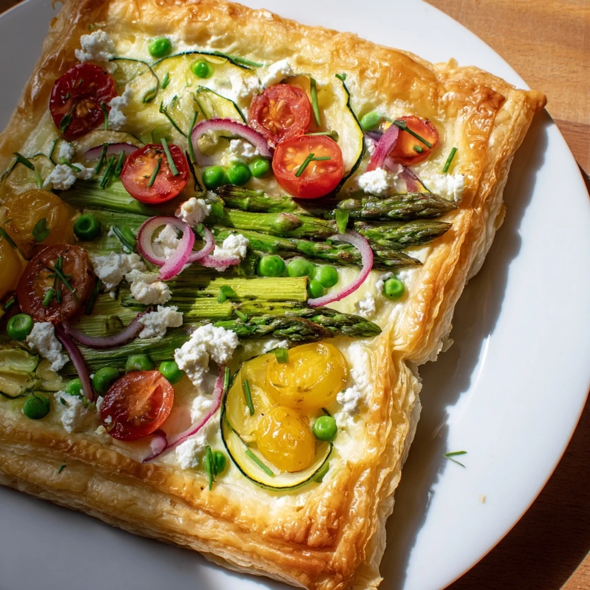 Sliced Spring Vegetable Tart with Puff Pastry is served warm on a wooden board with a side salad for lunch.