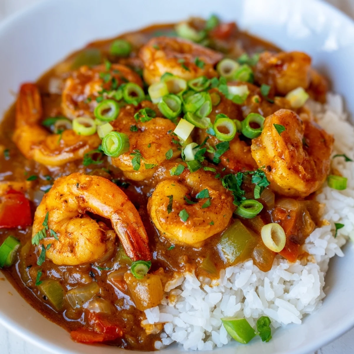 Ladle of Mardi Gras Shrimp Étouffée served over fluffy white rice, garnished with fresh green onions and parsley.