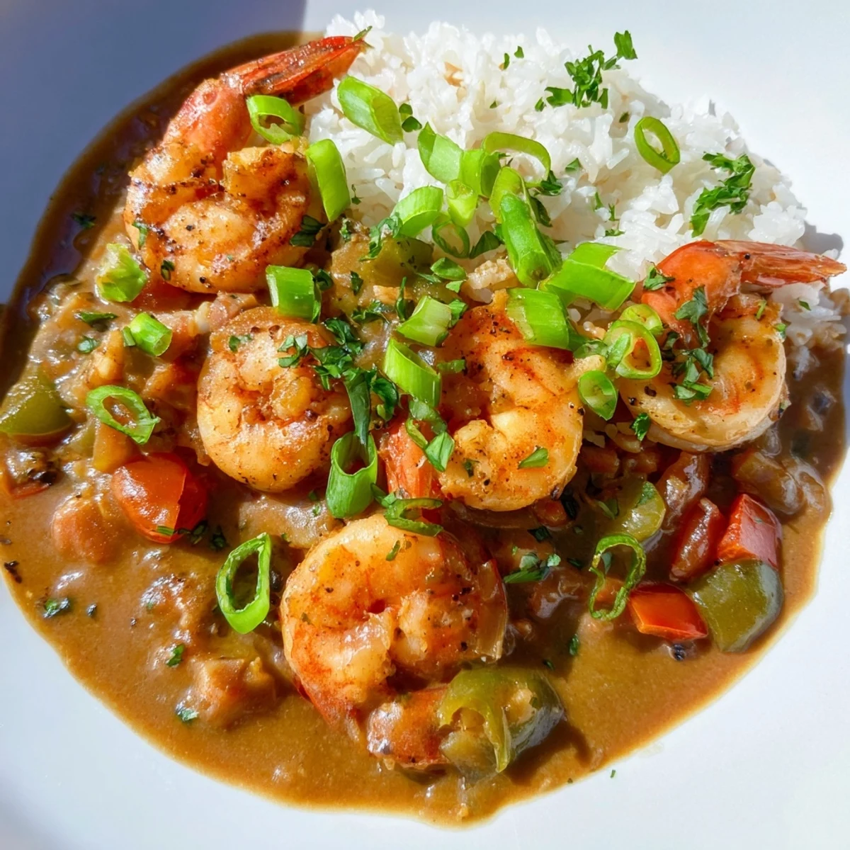 Warm Mardi Gras Shrimp Étouffée in a rustic skillet with lemon wedges, ready for a festive Louisiana-inspired dinner.