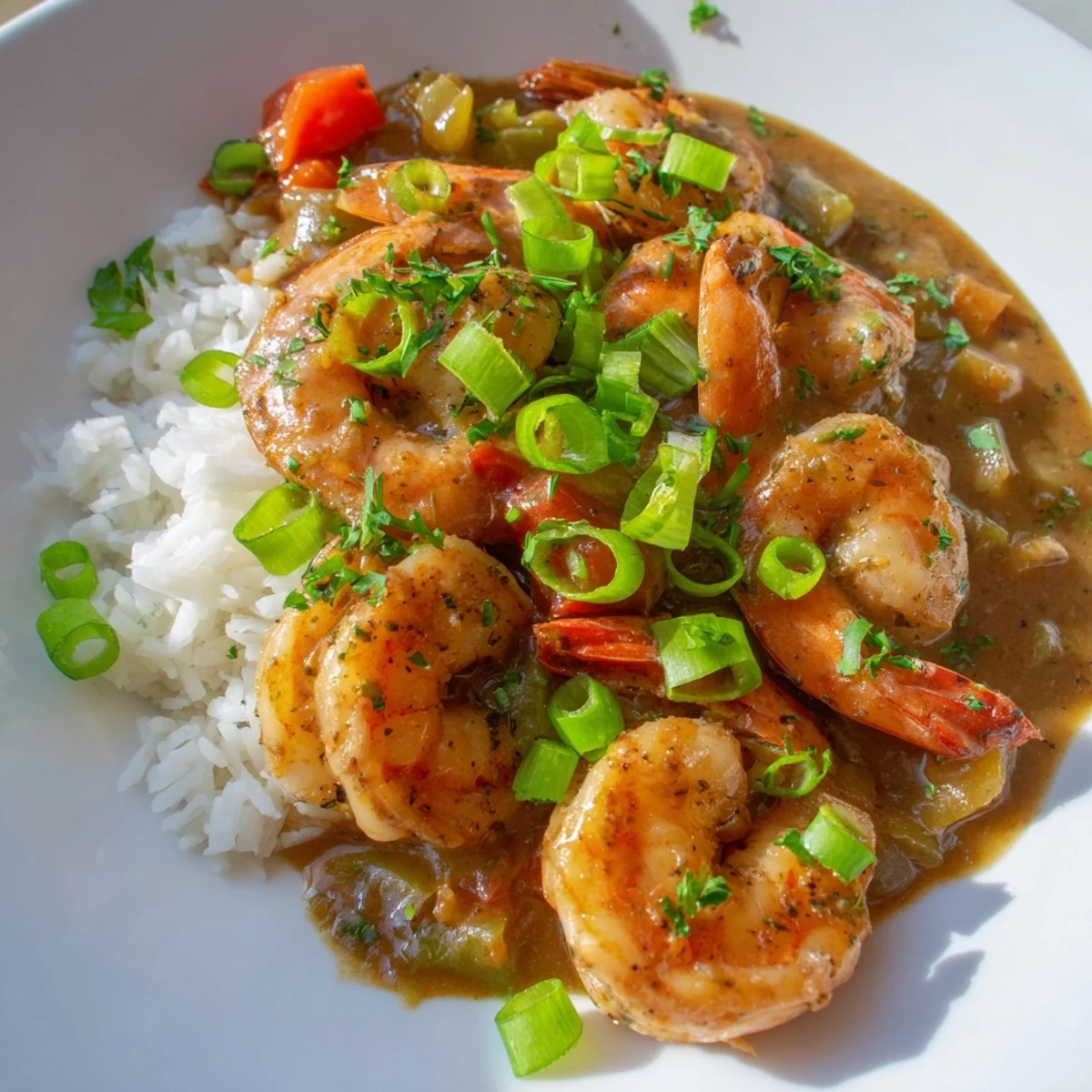 Close-up of Mardi Gras Shrimp Étouffée revealing tender shrimp in a rich, spicy Creole roux sauce with diced tomatoes.