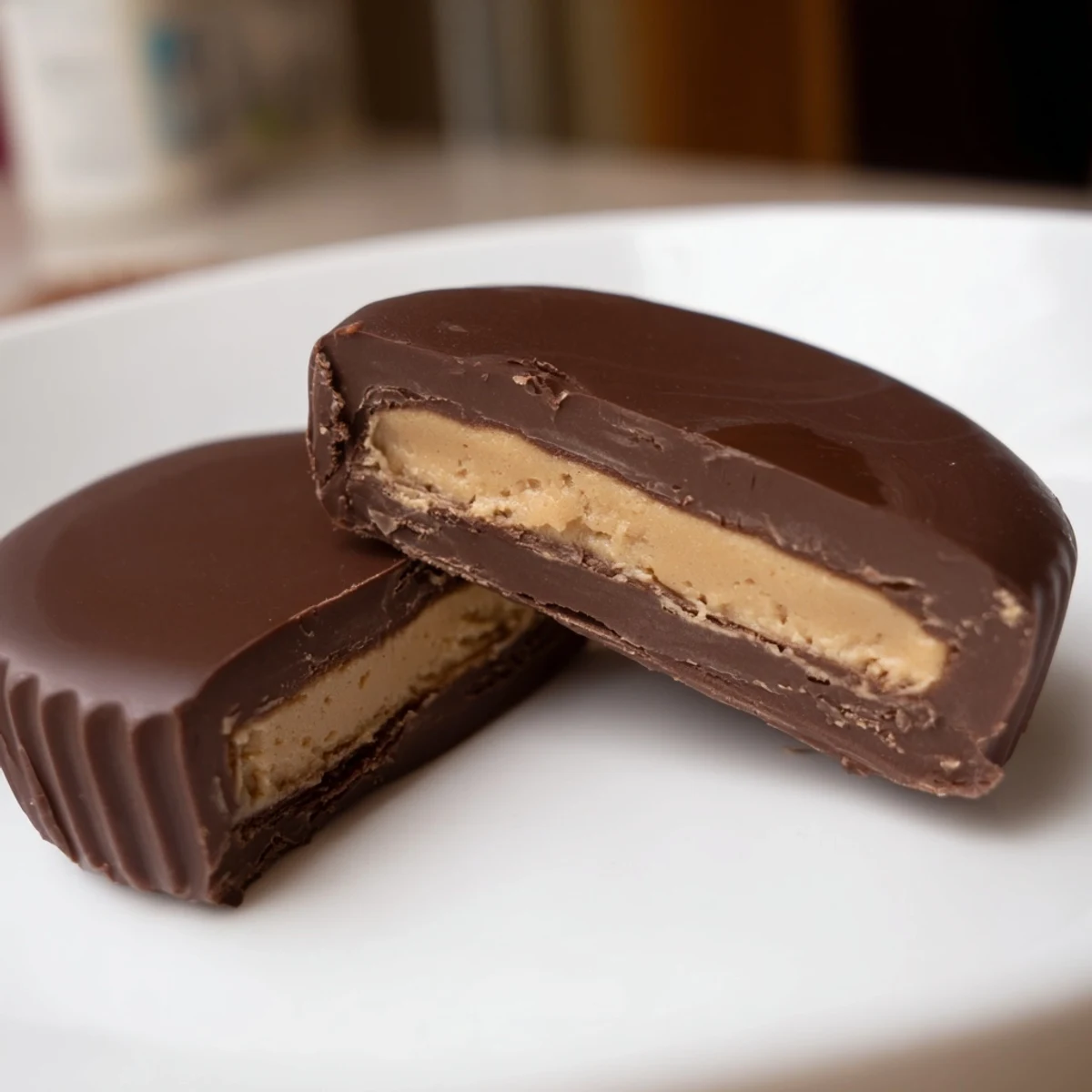 Golden homemade Chocolate Peanut Butter Cups sit in a mini muffin liner, showing a smooth chocolate top and visible peanut butter filling inside.  