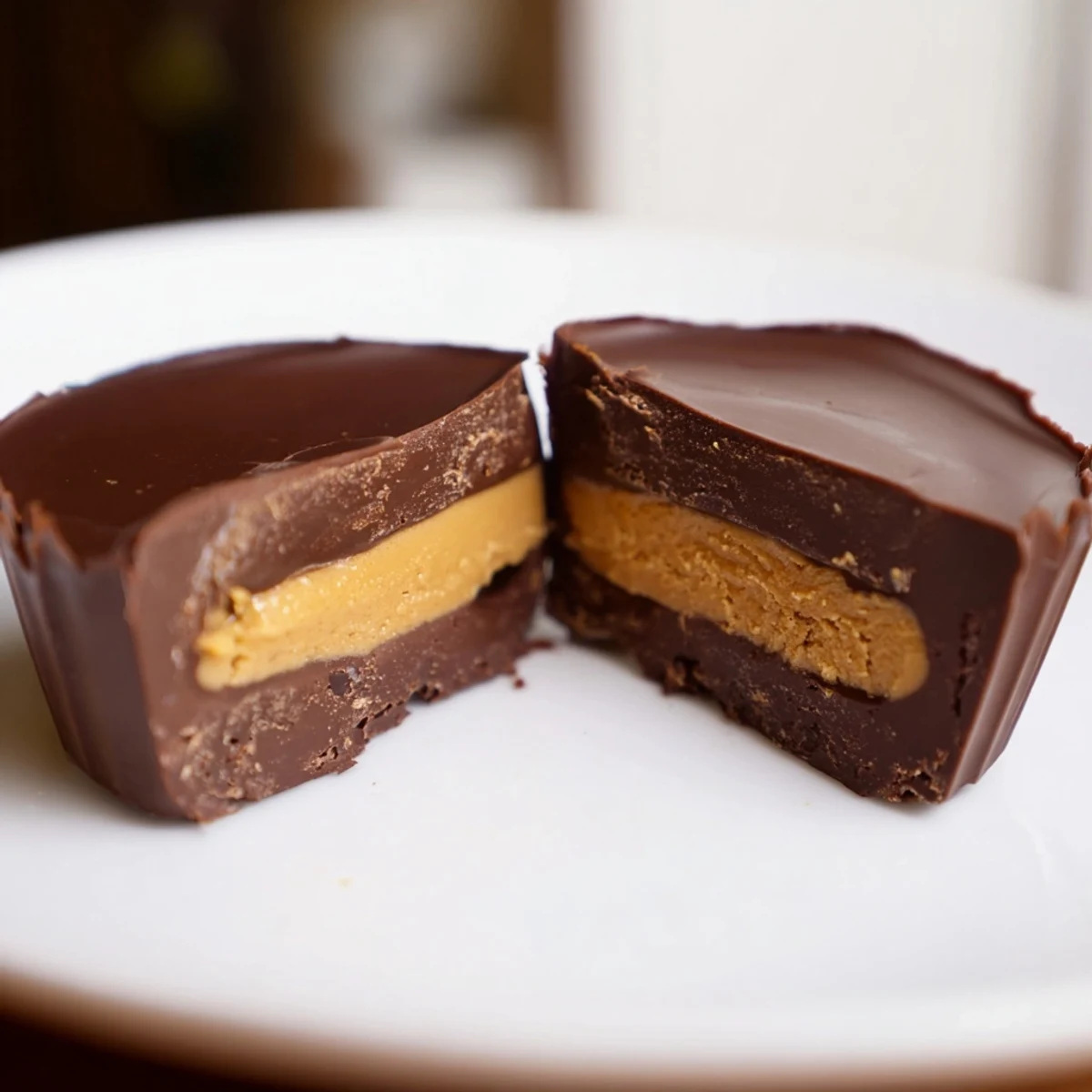 Rich, glossy Chocolate Peanut Butter Cups are dusted with flaky sea salt and served on a dessert plate with strong coffee.