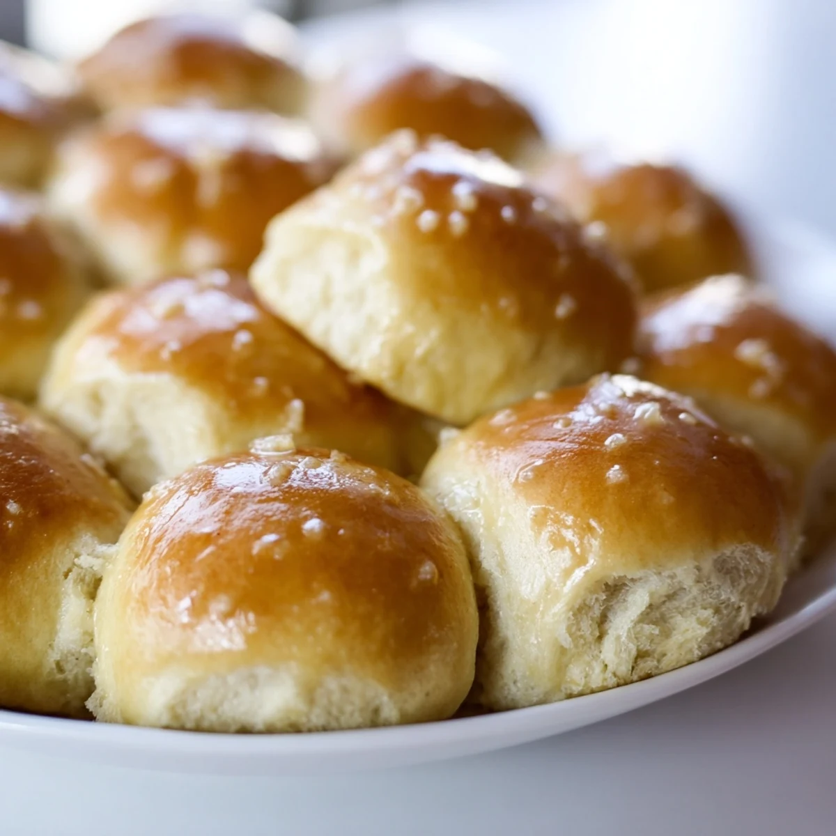 Freshly baked, golden-brown Best Vegan Dinner Rolls arranged in a greased 9x13-inch baking dish, brushed with melted vegan butter for a glistening finish.
