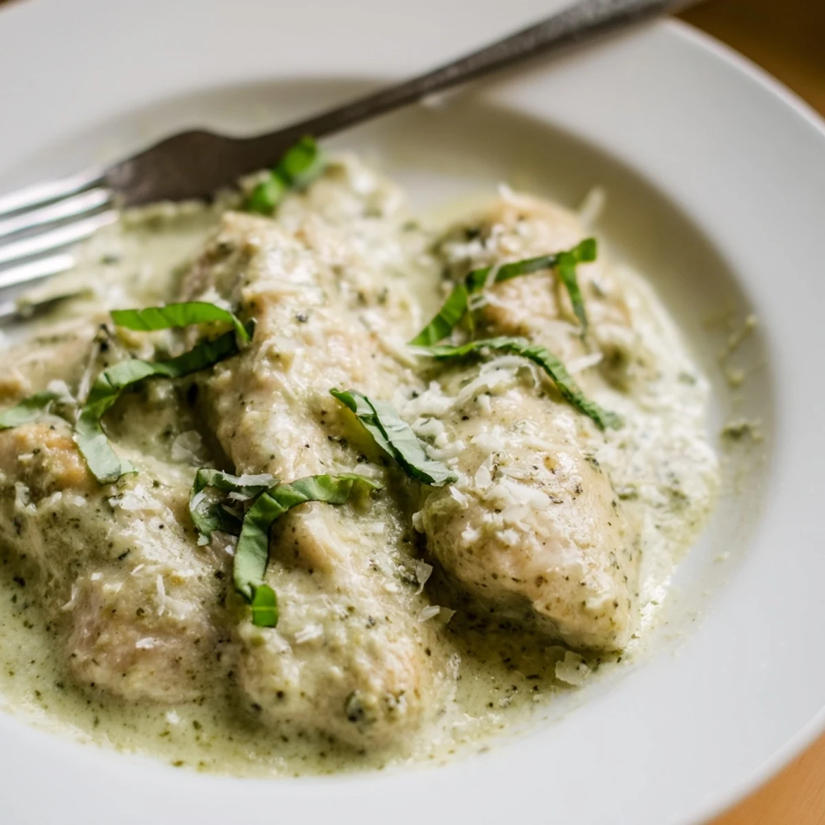 Tender Pesto Ranch Crock Pot Chicken Thighs slow-cooked to perfection, presented on a white platter with a savory creamy sauce drizzled on top.