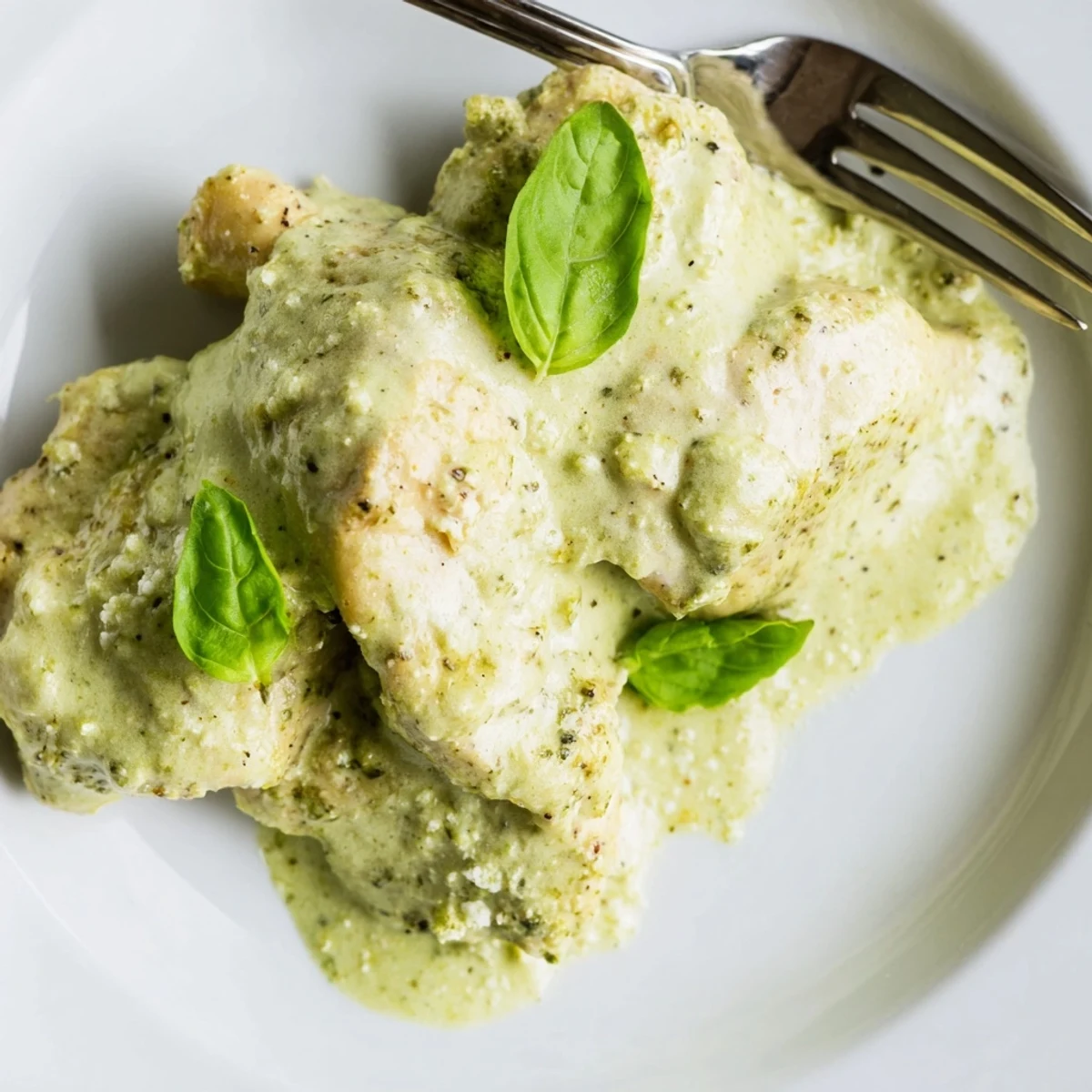 Creamy Pesto Ranch Crock Pot Chicken Thighs simmer in a rich, herb-filled sauce, garnished with fresh basil and Parmesan for serving.