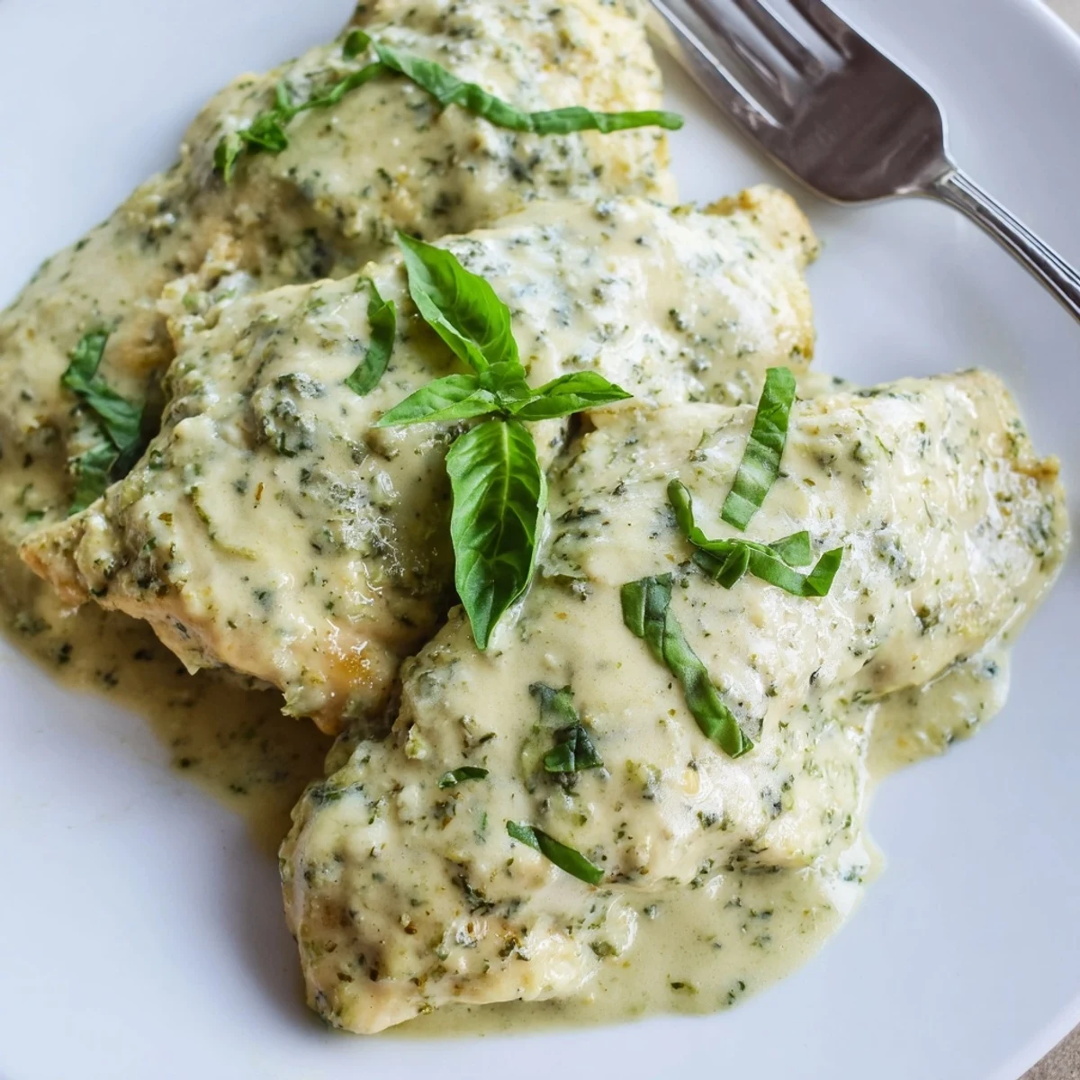 A close-up of Pesto Ranch Crock Pot Chicken Thighs, showing juicy shredded chicken coated in green pesto and ranch sauce, ready for dinner.