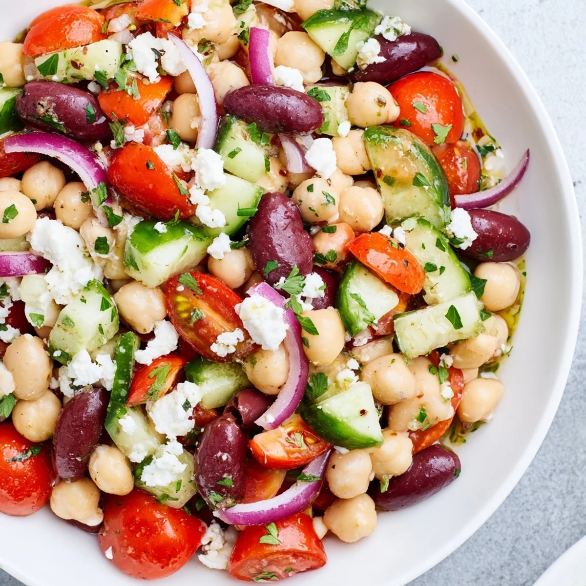 This Mediterranean Dense Bean Salad shows colorful beans and fresh herbs on a plate, ready to serve.