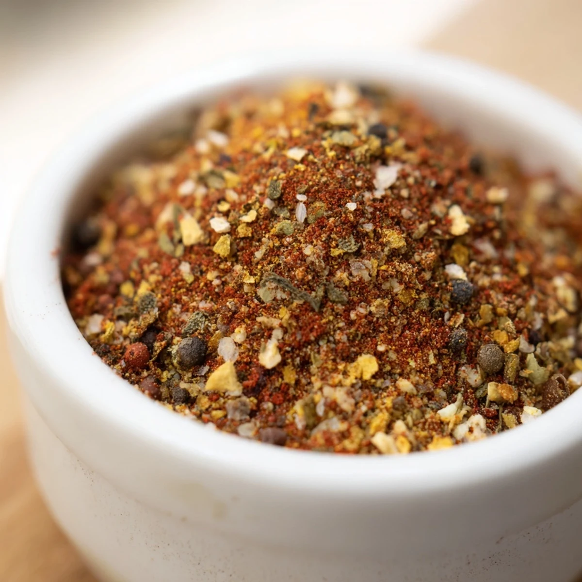 Close-up of the Easy Homemade Taco Seasoning Mix with vibrant red and brown spices, a rustic wooden spoon resting beside it for serving.