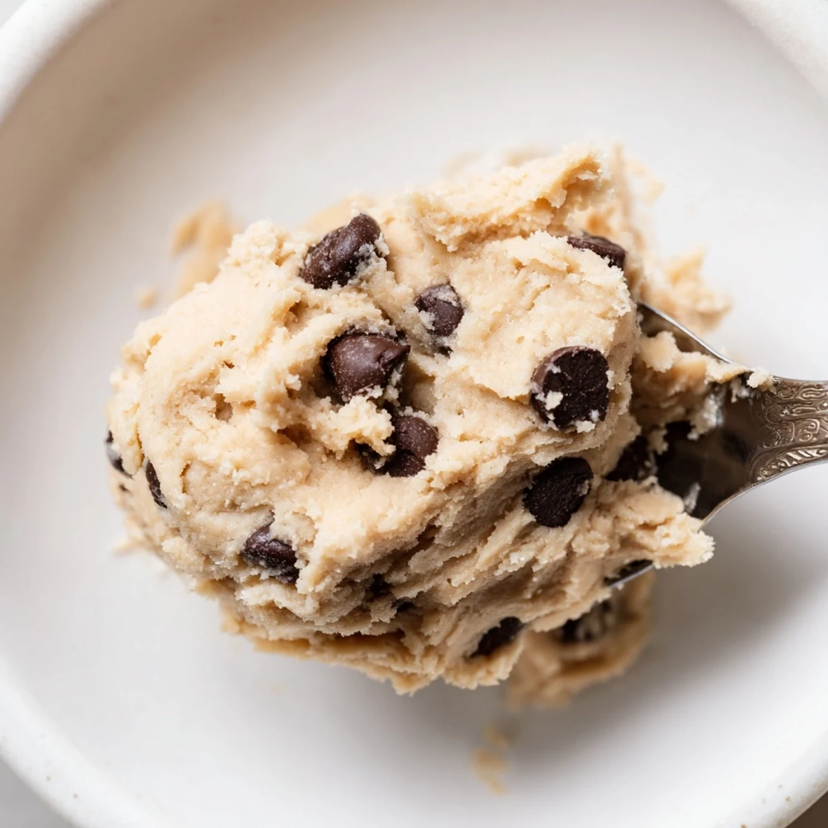 Creamy spoonfuls of Edible Keto Cookie Dough with sugar-free chocolate chips in a white bowl.