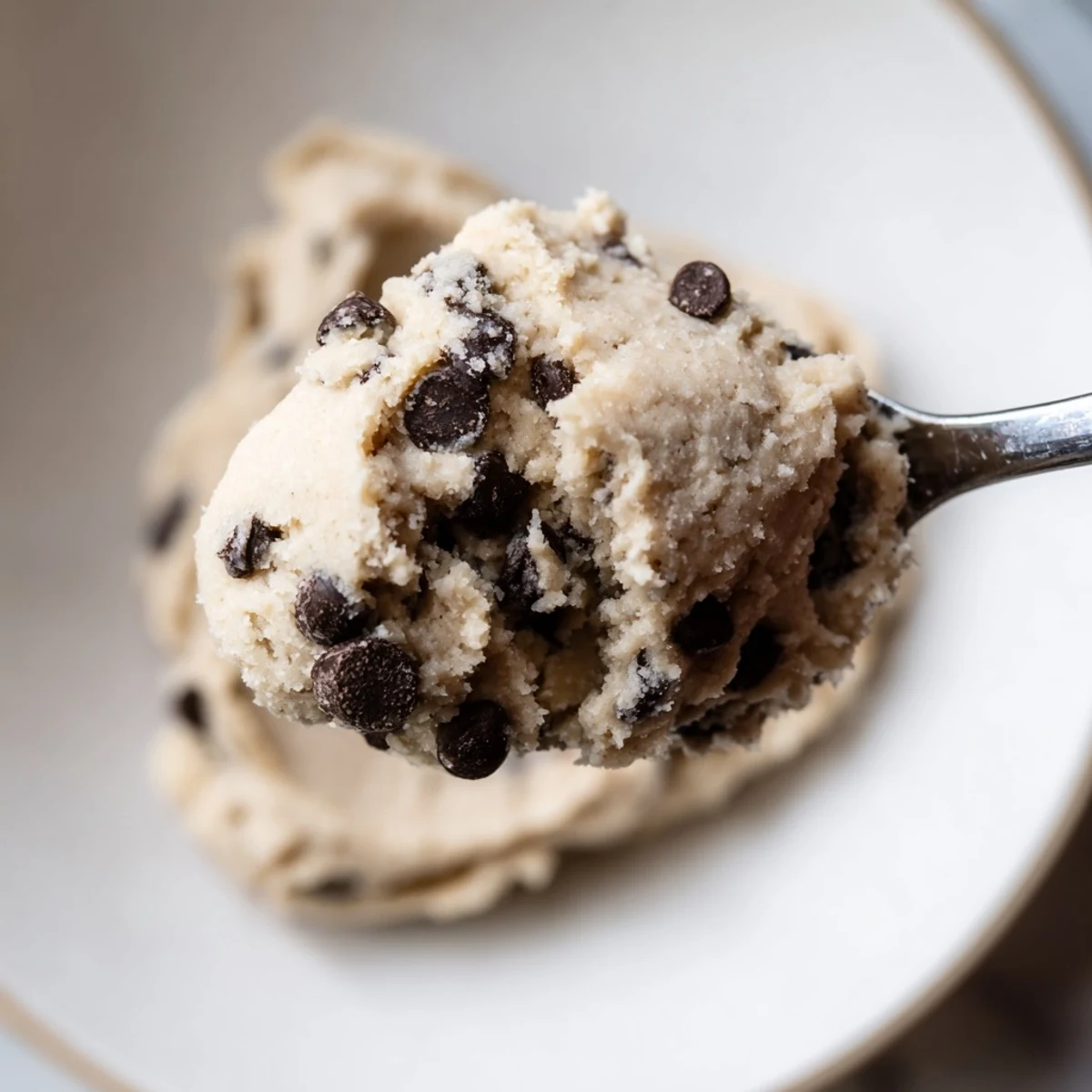 Edible Keto Cookie Dough balls with chocolate chips on a rustic wooden serving board.