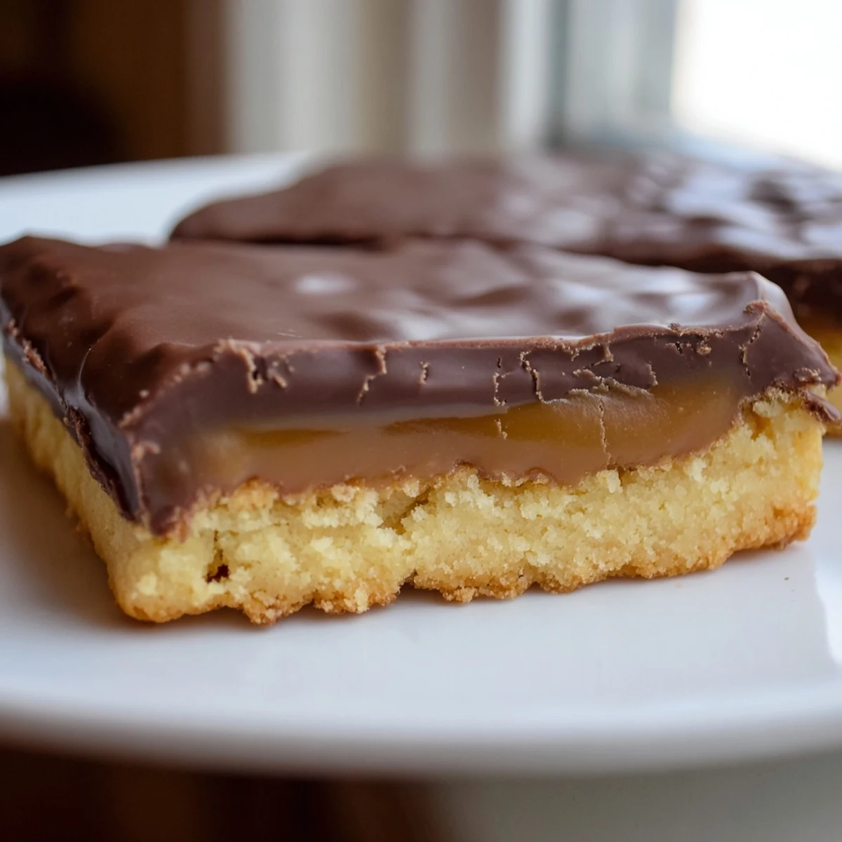A close-up of homemade Twix Cookies showing golden shortbread topped with rich caramel and shiny milk chocolate.