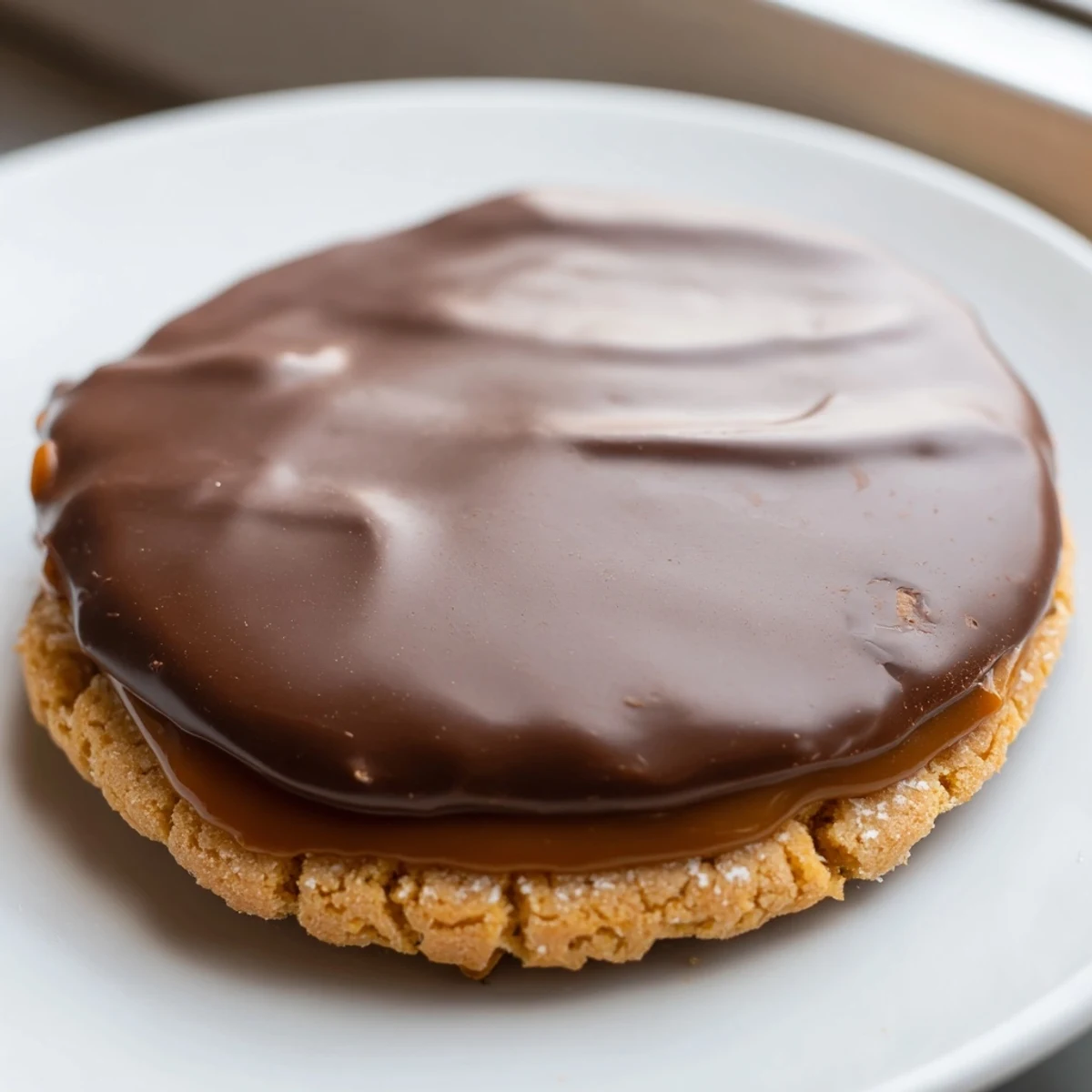 Close view of Twix Cookies in a stack, revealing creamy caramel and chocolate on buttery shortbread for a sweet treat.