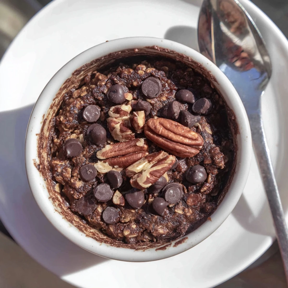 Warm, fudgy Easy Chocolate Baked Oats fresh from the oven, topped with melty chocolate chips.