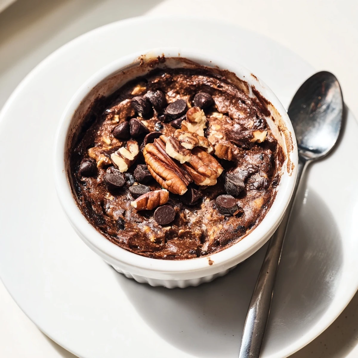 Easy Chocolate Baked Oats served in a ramekin with a dollop of creamy yogurt.