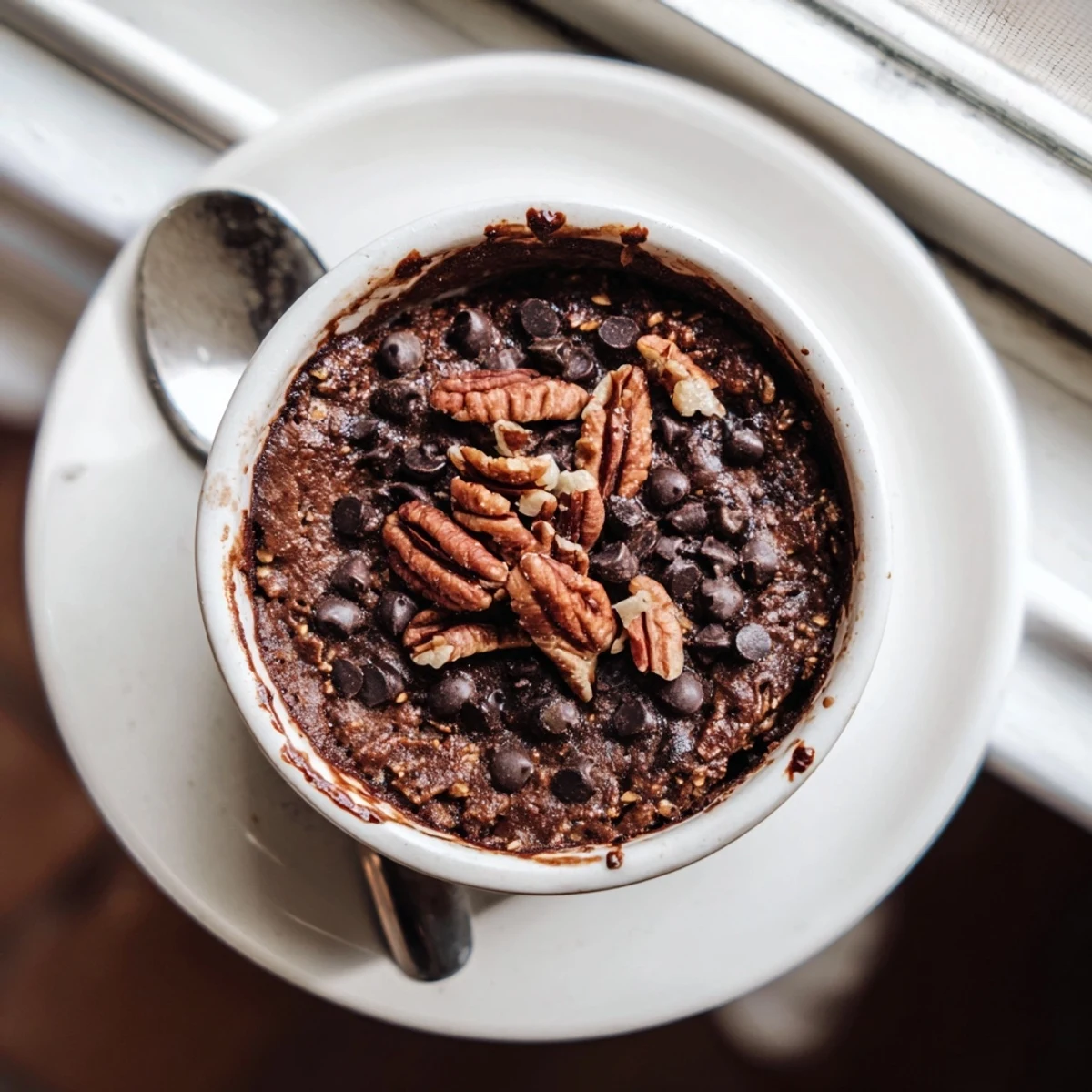 A cozy breakfast of Easy Chocolate Baked Oats with a drizzle of milk for extra moisture.