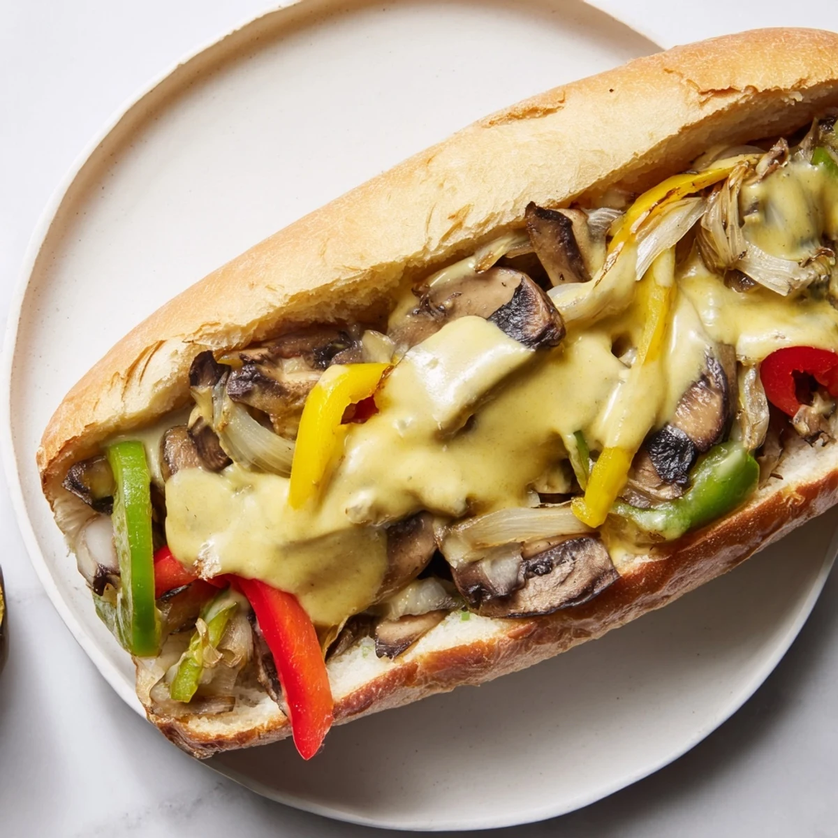 Golden-brown sautéed mushrooms and peppers fill a toasted hoagie roll for this Vegan Philly Cheesesteak.