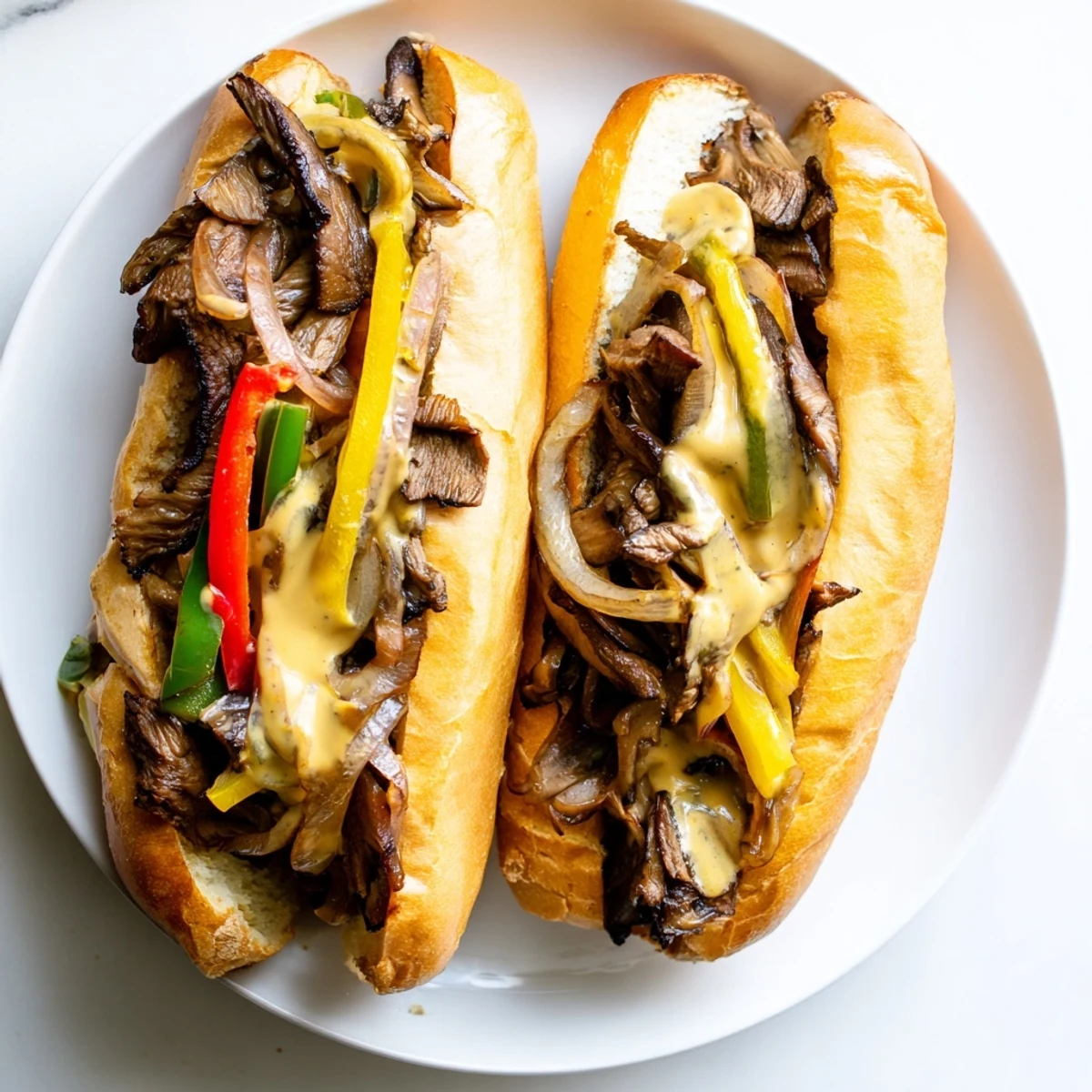 A plant-based Vegan Philly Cheesesteak served hot with melted cheese and soft toasted bread.