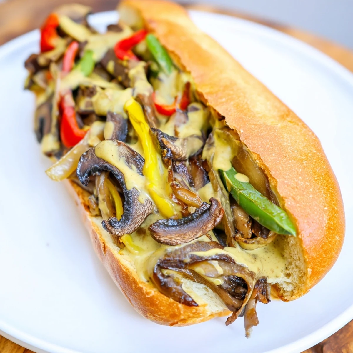 Warm, creamy vegan cheese sauce generously drizzles over the savory mushroom and pepper filling.