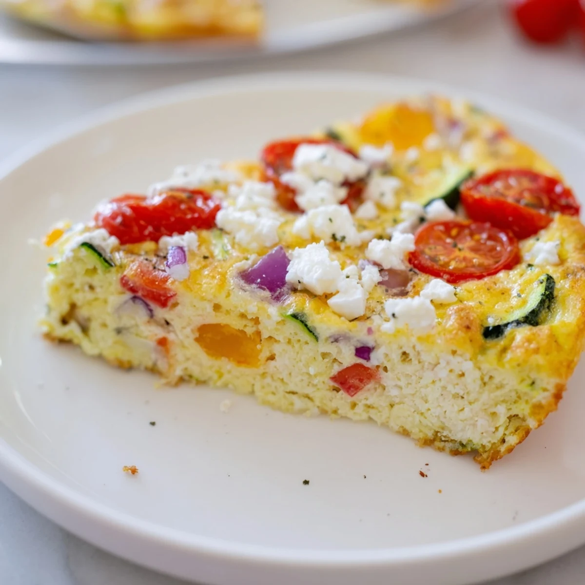 A close-up of the Veggie Air Fryer Frittata showing fluffy eggs and colorful diced peppers.