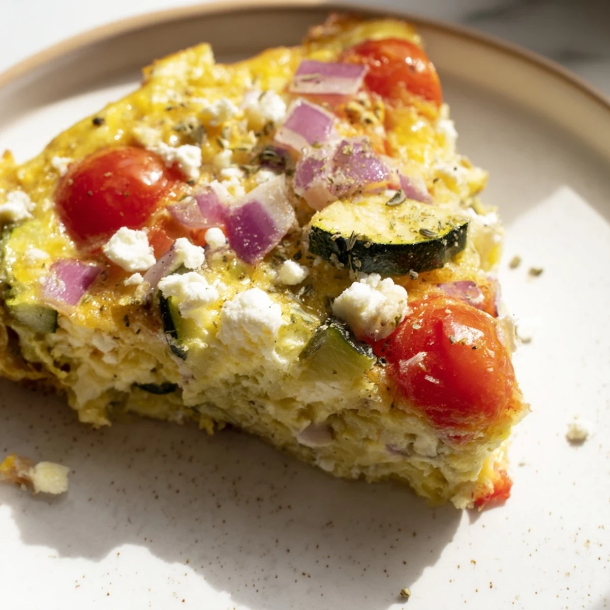 Freshly sliced wedge of Veggie Air Fryer Frittata revealing tender spinach and red onion layers.
