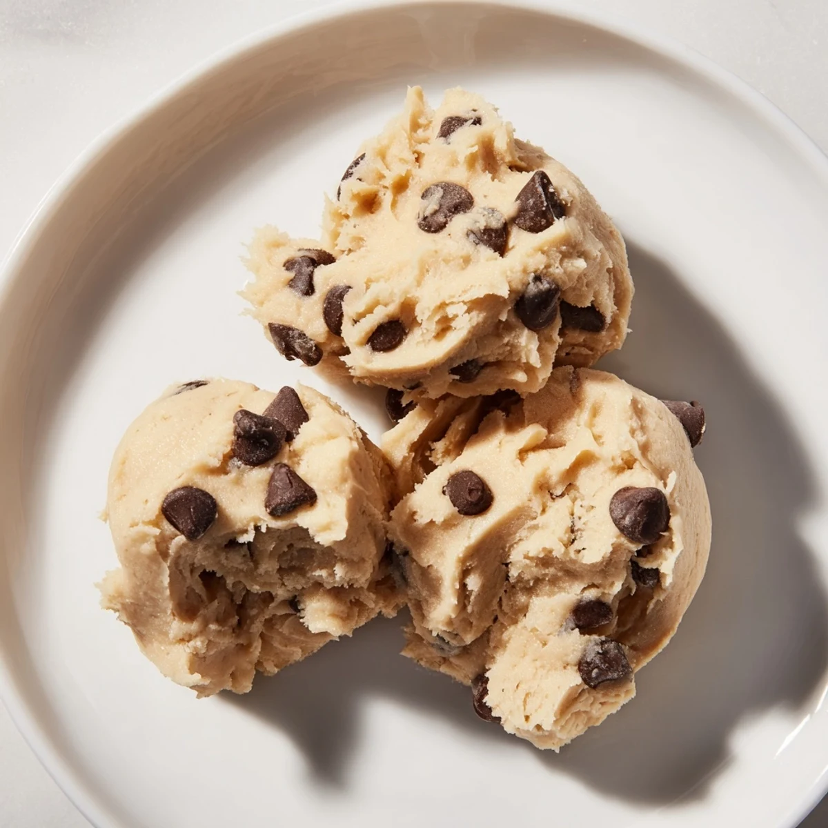Creamy Chocolate Chip Greek Yogurt Cookie Dough in a white bowl with a spoon ready for serving.
