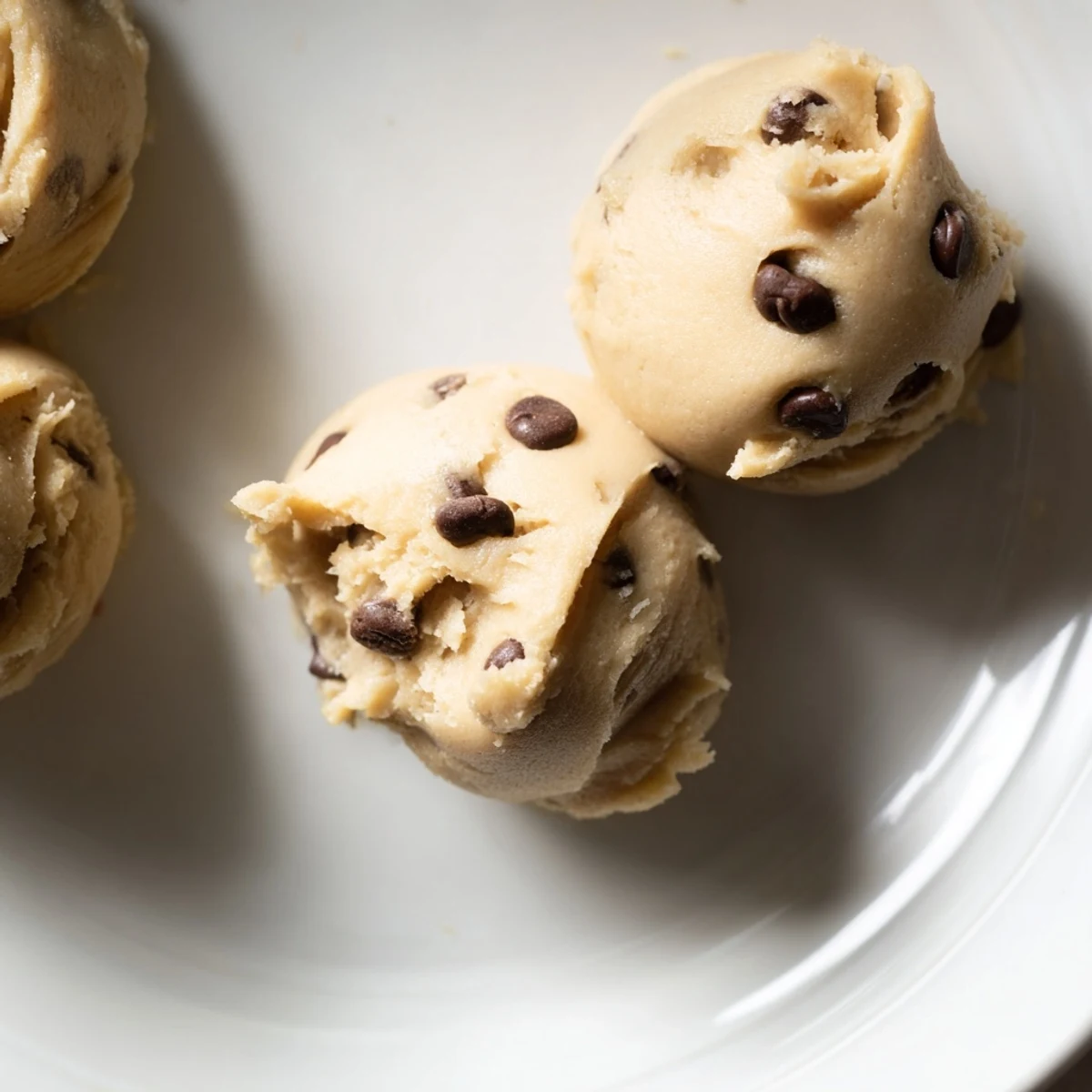 A close-up of Chocolate Chip Greek Yogurt Cookie Dough showing mini chips and a rich, scoopable texture.