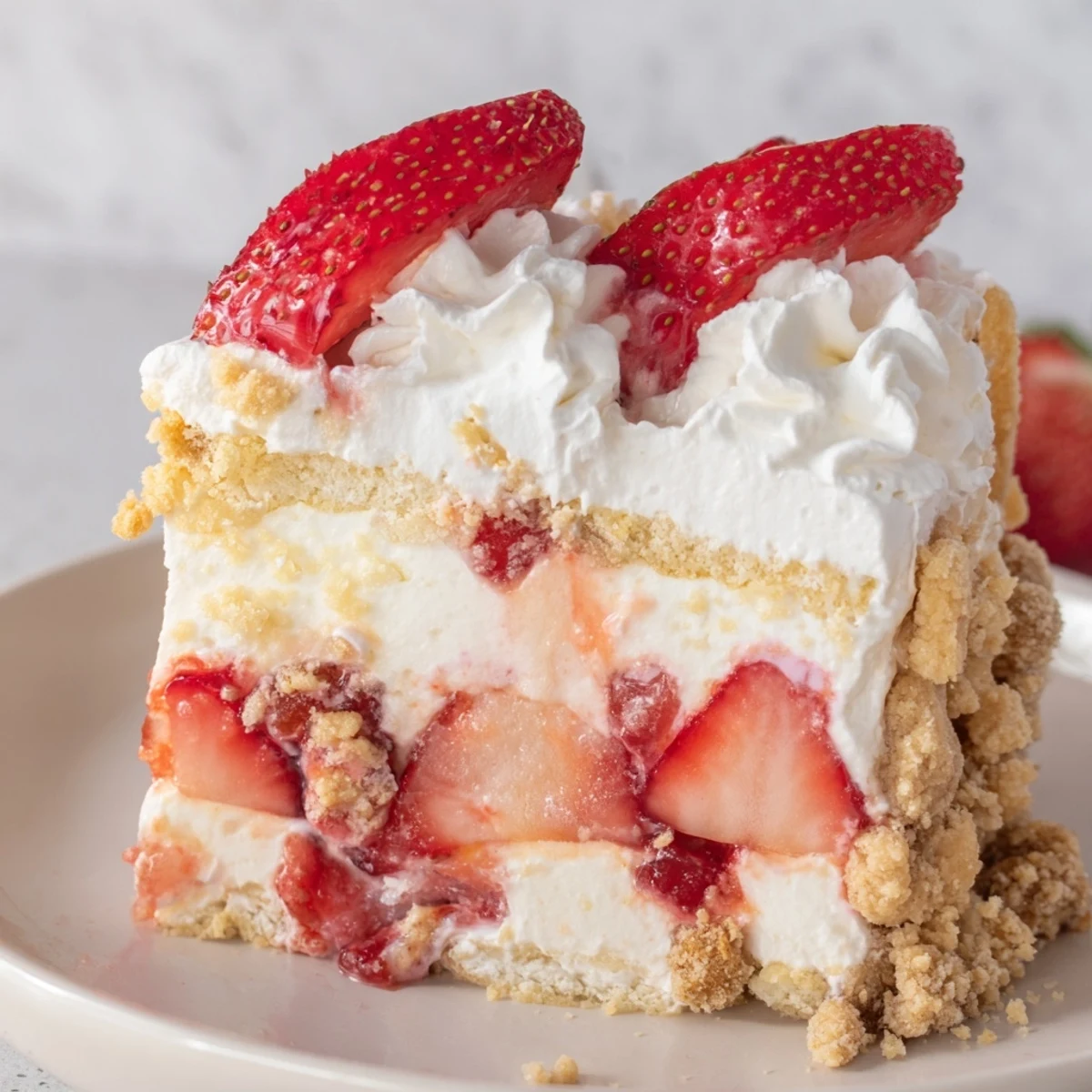 A slice of Easy Strawberry Shortcake Ice Cream Cake shows layers of vanilla ice cream, fresh strawberries, and crumbly shortcake topping.