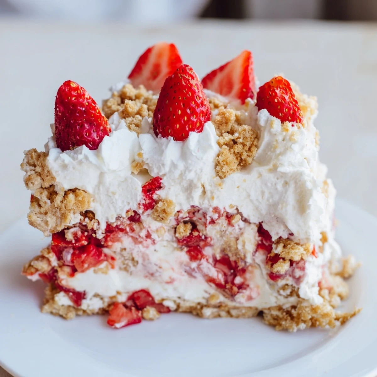 In a springform pan, the Easy Strawberry Shortcake Ice Cream Cake reveals creamy ice cream layers and a buttery shortcake crumble.