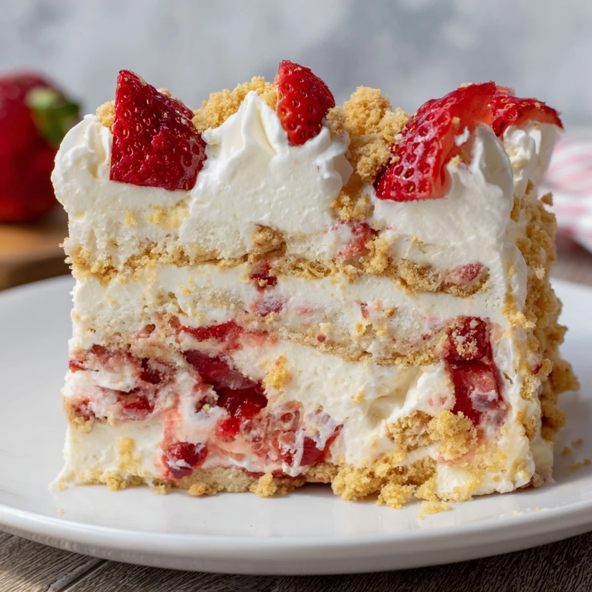 Easy Strawberry Shortcake Ice Cream Cake topped with sweet whipped cream and strawberry slices, ready to serve on a summer table.