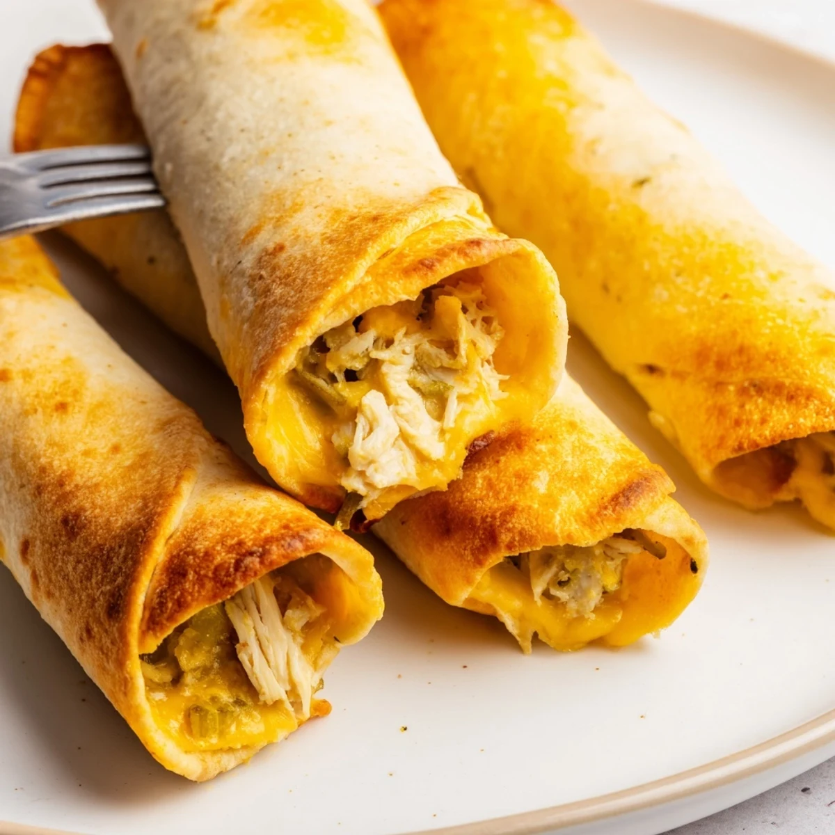 Golden, crispy Dill Pickle Ranch Chicken Taquitos fresh from the oven, garnished with fresh dill.
