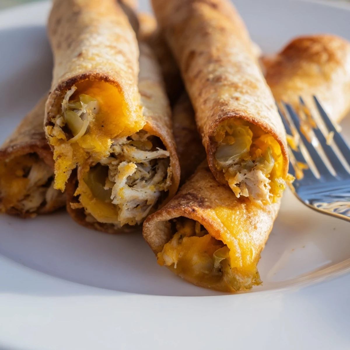 Close-up of a broken Dill Pickle Ranch Chicken Taquito revealing creamy chicken and melted cheddar filling.