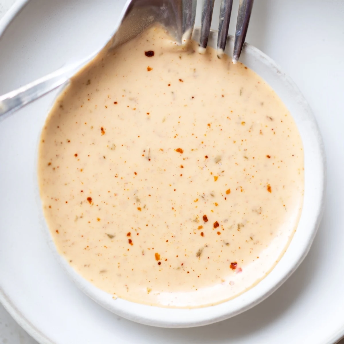 Creamy Hot Honey Ranch Crispy Chicken Tenders Sauce is shown in a small ceramic bowl, drizzled over golden-brown chicken tenders.